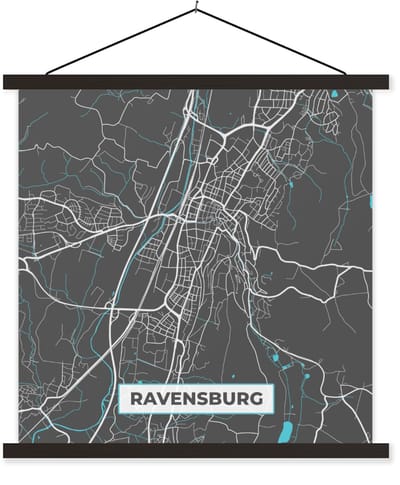 Posterhanger incl. Poster 60x60 cm - Schoolplaat - Blauw – Duitsland – Plattegrond – Stadskaart – Kaart – Ravensburg - Textielposter - Zwarte latten - Stadskaart