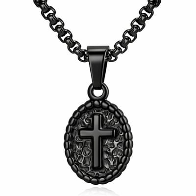 Mendes Zwarte Heren Ketting met Ovale Kruis Hanger