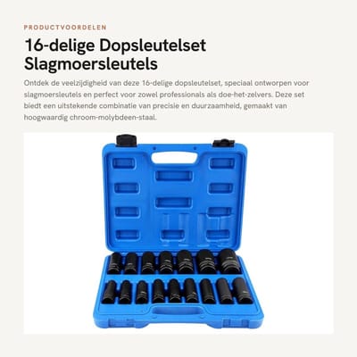 Dailygoods - 16-delige slagmoersleutelset - Impact Wrench set - Duurzaam en sterk - 1/2 inch - Zeskantige doppen - Geschikt voor professioneel gebruik...