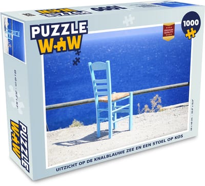 Puzzel Uitzicht op de knalblauwe zee en een stoel op Kos - Legpuzzel - Puzzel 1000 stukjes volwassenen