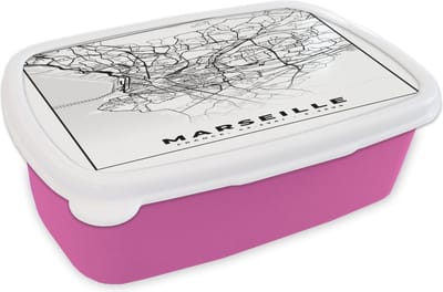 Broodtrommel Roze - Lunchbox - Brooddoos - Marseille - Kaart - Stadskaart - Frankrijk - Plattegrond - Zwart wit - 18x12x6 cm - Kinderen - Meisje