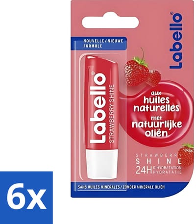 Labello - Fruity Shine Strawberry - Lippenbalsem - Aardbei & Glans - 5.5 ml - Voordeelverpakking - 6 stuks