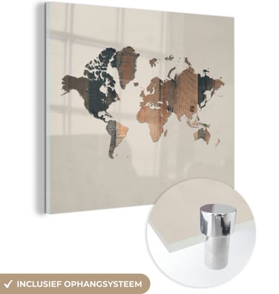 ® Glasschilderij 90x90 cm - Schilderij acrylglas - Wereldkaart - Bruin - Hout - Foto op glas - Muurdecoratie woonkamer - Wanddecoratie slaapkamer - Schilderijen