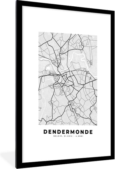 Fotolijst incl. Poster Zwart Wit- Stadskaart – Zwart Wit - Kaart – Dendermonde – België – Plattegrond - 60x90 cm - Posterlijst