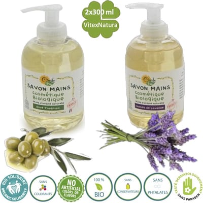 Ruwe Olijfolie en Veld lavendel | vloeibare handzepen 2x300ml | Ingrediënten uit biologische landbouw | Cigale Bio