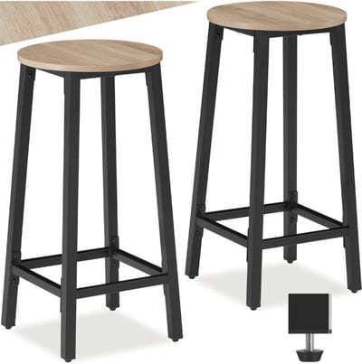 tectake® Barkruk - Ronde Bistrokruk - Set van 2 - Barkrukken - Vintage Barstoel met Voetsteun - Zitting van MDF-hout - Industrieel design - Barstoelen - Eetkamerstoelen - Draagkracht kruk 150 kg - Afmeting (LxBxH) 32 x 32 x 66 cm - Lichtbruin