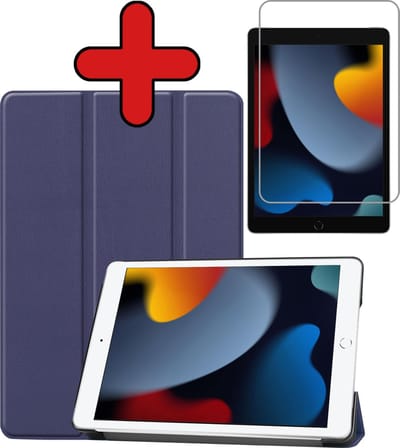 Hoesje - Geschikt voor Apple iPad 9 (2021) - 10.2 inch - 9e Generatie - Met Screenprotector - Hardcover Book Case - Trifold Bookcase Hoes - Hard Cover - Tablethoes - Donkerblauw