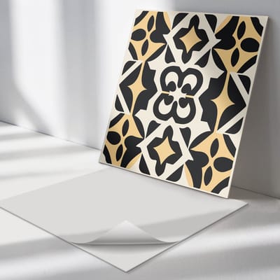 Wallfluent Vinyl Tegels - Geometrisch Patroon met Motieven Zelfklevende Vinyltegels - 30 cm x 30 cm - Zwart Vinyl Tegels - Set van 9 - Vierkant PVC Tegels - Patroon Plaktegels - Vloer Tegels PVC - Plaktegels Keuken en Badkamer