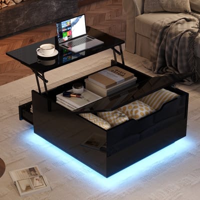 70x70x38cm woonkamer salontafel - verstelbare koffietafel met LED-verlichting - sofa tafel met lade - bijzettafel met opbergruimte - zwart