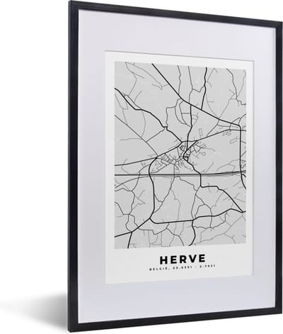 Fotolijst incl. Poster Zwart Wit- België – Herve – Stadskaart – Kaart – Zwart Wit – Plattegrond - 30x40 cm - Posterlijst