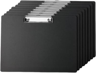 Set van 8 zwarte A4 clipboards met lage profielclip, ideaal voor tekeningen, notities en organisatie in de klas of op kantoor