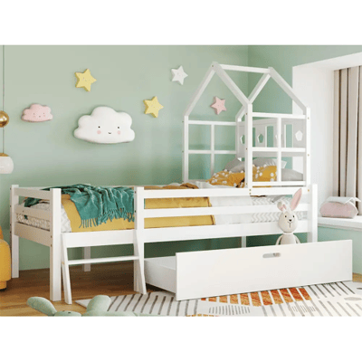 Merax Cabinebed 90 x 200 cm met ladder en lades - massief hout - wit