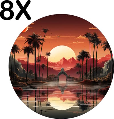Luxe Ronde Placemat - Getekend - Palmbomen - Zon - Landschap - Weerspiegeling - Set van 8 Placemats - 50x50 cm - 2 mm dik Vinyl - Anti Slip - Afneembaar