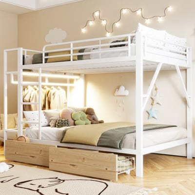 DESMIU Etagenbed 140x200cm Voor Kinderkamer Met LED Lichtstrook Opbergladen Planken En Kleerhanger Staal En MDF Wit Zonder matras