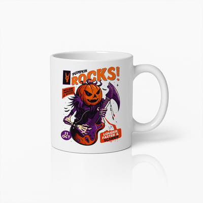 Pompoen Rock Halloween Mok 330ml – Griezelige Gitaar Koffiebeker – Spooky Cadeau voor Rock & Metal Fans