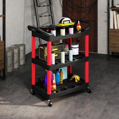 MEUNIQ gereedschapskar met 3 etages, handgreep, 4 wielen, kunststof, 83 x 43 x 97 cm, max. 91 kg, voor garage en werkplaats, zwart