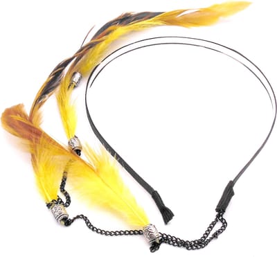 Festival/Ibiza diadeem met hanger 4 veren geel-zwart