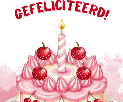 Wenskaart gefeliciteerd roze taart kaars kersen – 13x13 cm – gevouwen kaart – inclusief witte envelop – stevig papier – felicitatiekaart