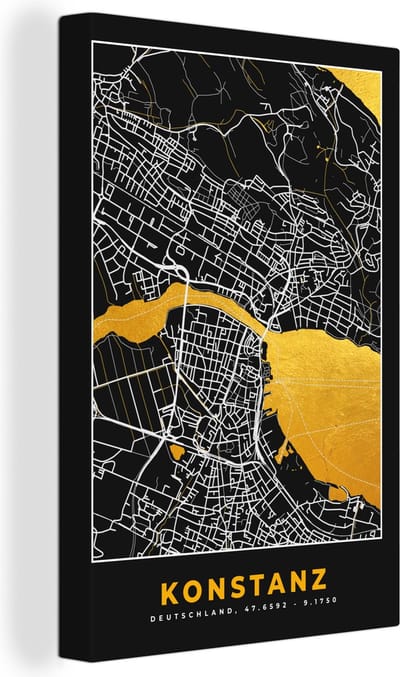 Canvas Schilderij Konstanz - Goud - Stadskaart - Plattegrond - Duitsland - Kaart - 20x30 cm - Wanddecoratie