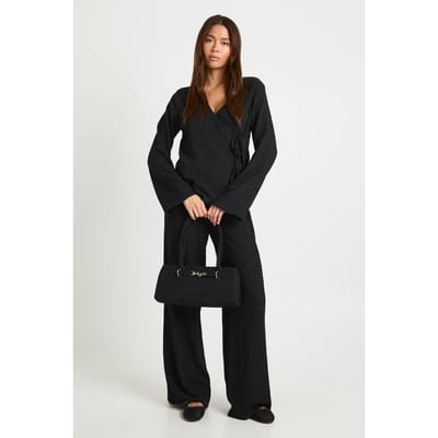 boohoo Dames Getextureerde top met omslag aan de voorkant, lange mouwen en bijpassende broek | Black | Maat: 6