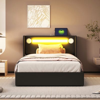 VVBV Hoogslaper met Opbergruimte 90x200 cm - LED-Verlichting, USB, Lattenbodem, Bluetooth/Luidsprekers - PU-leer Blauw