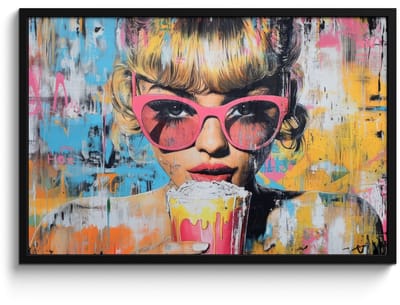 Poster in lijst - Fotolijst 90x60 cm - Posters - Zonnebril - Vrouw - Kleurrijk - Verfspetters - Posterlijst zwart - Decoratie - Wanddecoratie woonkamer - Muurdecoratie slaapkamer