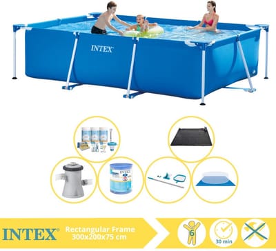 Intex Rechthoekig Frame Zwembad - 300 x 200 x 75 cm - Blauw - Inclusief Onderhoudspakket - Zwembadfilterpomp - Filter - Grondzeil - Schoonmaakset - Solar Mat - 7-delig