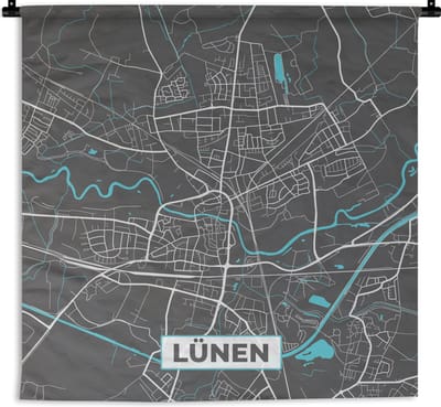 Wandkleed - Wanddoek - Stadskaart – Kaart – Lünen – Blauw – Duitsland – Plattegrond - 180x180 cm - Wandtapijt