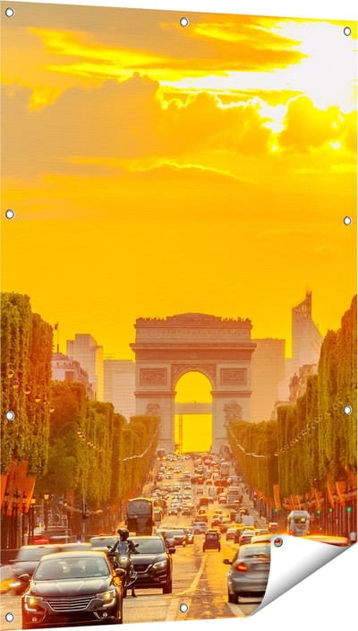 Gards Tuinposter Arc de Triomphe bij de Autoweg - 80x120 cm - Tuindoek - Tuindecoratie - Wanddecoratie buiten - Tuinschilderij