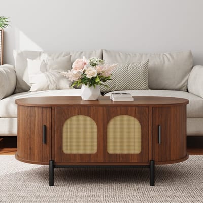 STILVORA Salontafel - Ovale Tafel Met Rotan Schuifdeuren En Opbergruimte - Voor Woonkamer - MDF - 100x50x40 Cm - Walnoot
