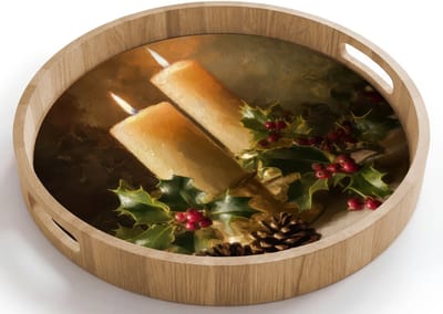 Dienblad rond 40x40 cm - Schootdienblad hout - Kaarslicht - Kerst - Veelkleurig - Borrelplank rechthoek - Plateau houten dienbladen