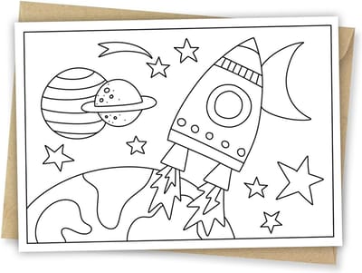 Inkleurkaart Raket - Ruimte - Kinderkaart - Kaart om zelf in te kleuren - DIY - Inclusief kraft envelop