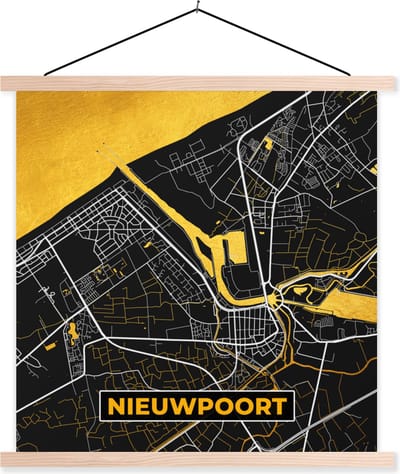 Posterhanger incl. Poster 40x40 cm - Schoolplaat - Plattegrond - Gold - Nieuwpoort - Stadskaart - Kaart - Textielposter - Blanke latten - Stadskaart