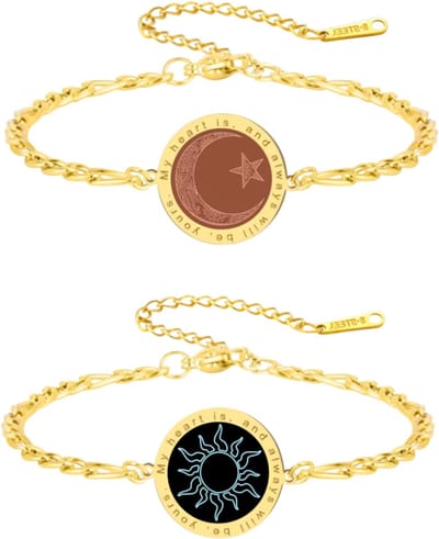 Zonne-, Maan- en Sterren Armband voor Koppels – ‘Mijn Hart is Altijd van Jou’ – 2 Stuks Goud – Romantisch Cadeau voor Haar of Hem, Verjaardag, Jubileum of Valentijn