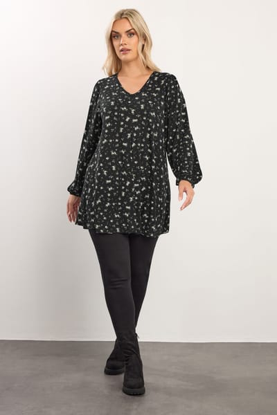 Yours Zwarte Top Met Bloemenprint En Plooien Aan De Voorkant Size 42