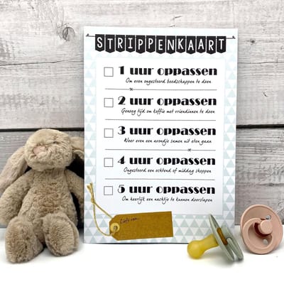 Oppas strippenkaart - kraamcadeau baby - tegoedkaart oppassen - babyshower cadeau - A5