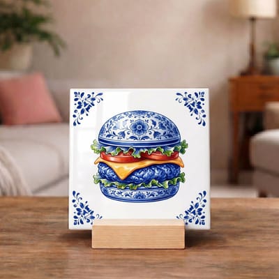 Delftsblauw Tegeltje 11x11 Hamburger – Keuken Decoratie en Cadeau voor Foodie