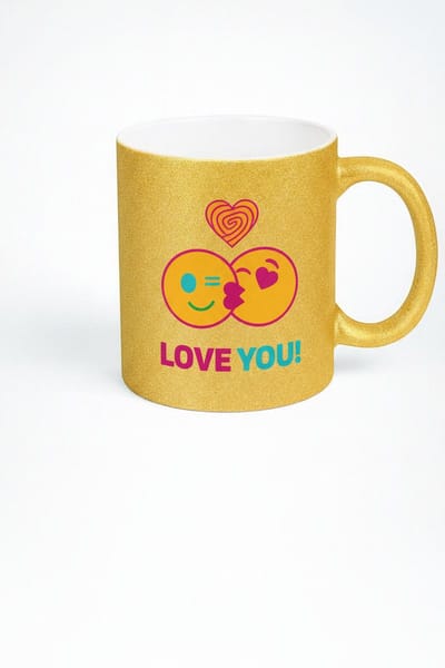 Gouden Glitter Mok met 'Love You!' Emoticons - Romantisch Cadeau