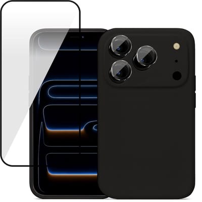 Hoesje geschikt voor iPhone 17 Pro - Screenprotector Volledig Dekkend Glas & Camera Protector - Mat Back Case Zwart