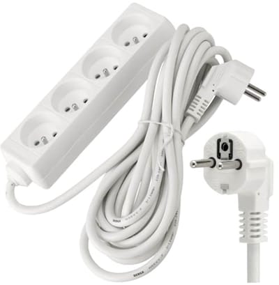 Stroomverlengkabel 5m met 4x 230V Stopcontacten - Verlengkabel met Platte Stekker - IP20 Bescherming - Wit
