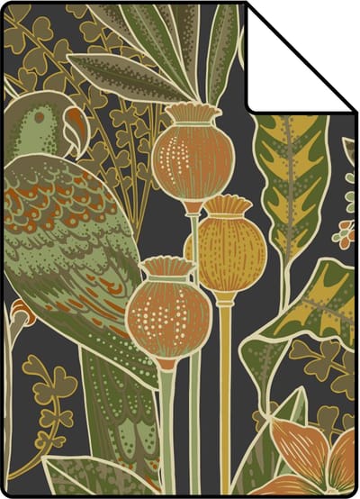 Proefstaal ESTAhome behang tropische bloemen en paradijsvogels vergrijsd olijfgroen - 26.5 x 21 cm - 131160-S