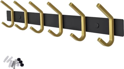 Hoexs Wandkapstok Goud Zwart - 12 Haken - 45cm - Incl. bevestigingsmateriaal - Hangend Design - Kapstokken - Muurkapstok
