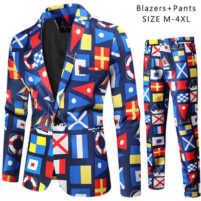Lente en Herfst Heren Casual Pak Pak Mode Heren Digitaal Print Pak Tweedelige Set XL blue