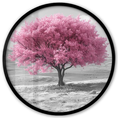 Poster in lijst Rond - Fotolijst 40x40 cm - Posters - Boom - Natuur - Roze - Zwart wit - Ronde posterlijst zwart - Decoratie - Wanddecoratie woonkamer - Muurdecoratie slaapkamer