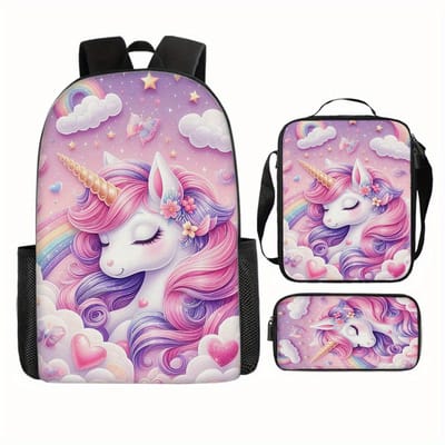 Eenhoorn Rugzak | Fantasiepatroon Rugtas | Hartjes Eenhoorn Rugzak | Rugzak Meisjes | Rugtas, etui en lunchtas met mooie 3D geprinte details | 3-delige set Meisjes schooltassen | 15 - 20 liter | Kinder Rugzak