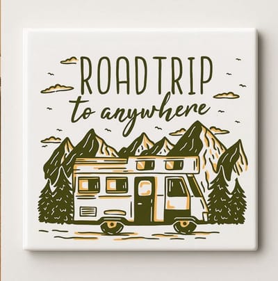 Road Trip to Anywhere Keramische Tegel – 11x11 cm Avontuurlijke Reis Wanddecoratie voor Camper, Vanlife & Natuurliefhebbers