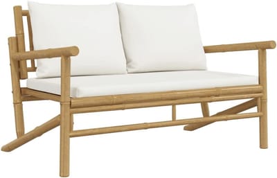 Tuinbank Bamboe - Buitenbank Parkbank - Ontspannen Buiten - Inclusief Kussens - 115x74x75 cm - Crèmewit