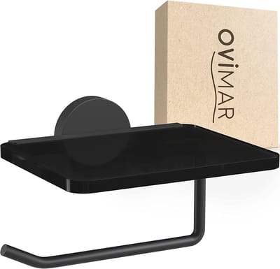 Toiletrolhouder met Glazen Plank - Zwart en Zelfklevend