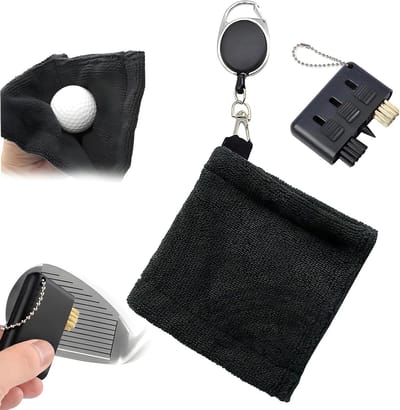 Golf Handdoek en Borstel Set, Zwarte Handdoek met Schaalbare Carabiner, Golfaccessoires voor Training, Sport en Buitenactiviteiten