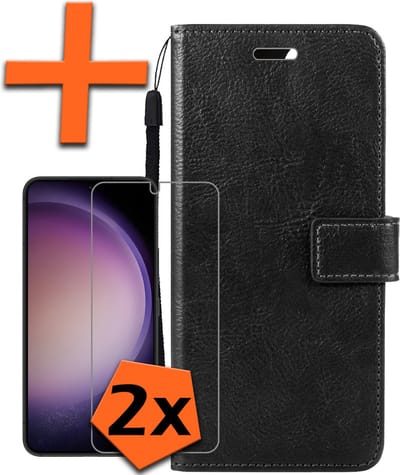 Hoes - Met 2x Screenprotector - Geschikt voor Samsung Galaxy S23 - Luxe Pasjeshouder - Bookcase Portemonee - Flip Case - Kunstleer Book Case - Flipcase Hoes - Book Cover - Walletcase - PortemonneeHoes - Zwart